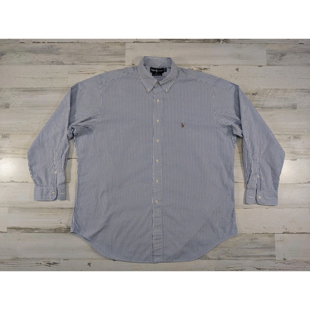 Vintage Ralph Lauren Mens 17.5 35 Yarmouth Pinpoint Oxford Striped Shirt Blue